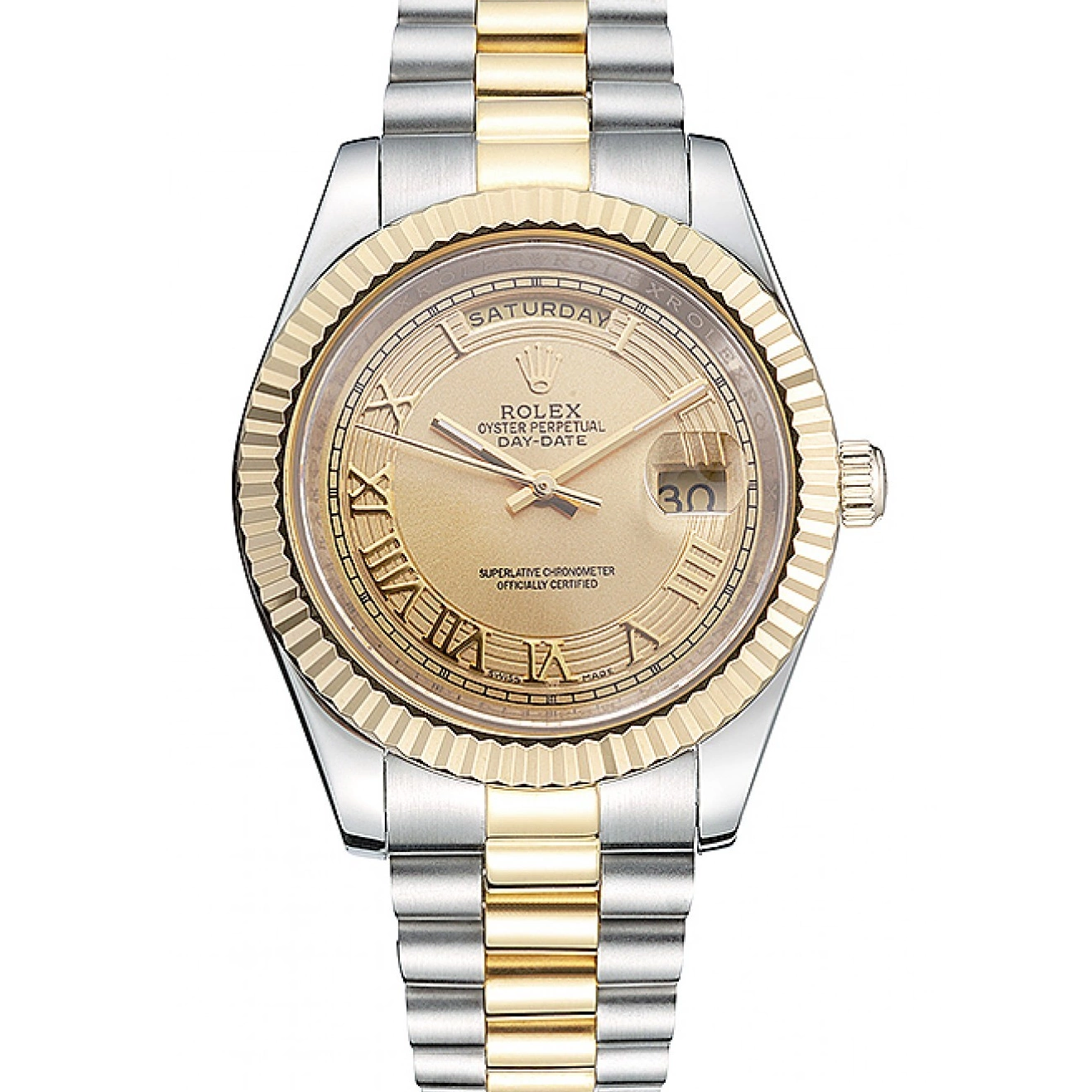Aaa replica watch 18k Gold Steel Dial Day-Date Stainless Plated Gold Two Rolex Tone 0604